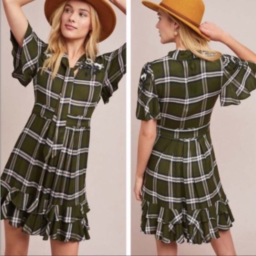 Anthropologie Olive Green Plaid Ruffle Hem Dress